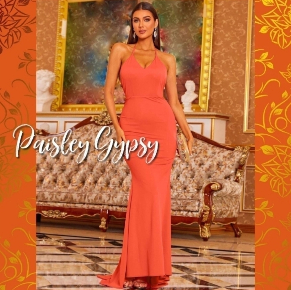 Stunning Double Deep V Fit and Flare Halter Evening Gown in Deep Coral O…